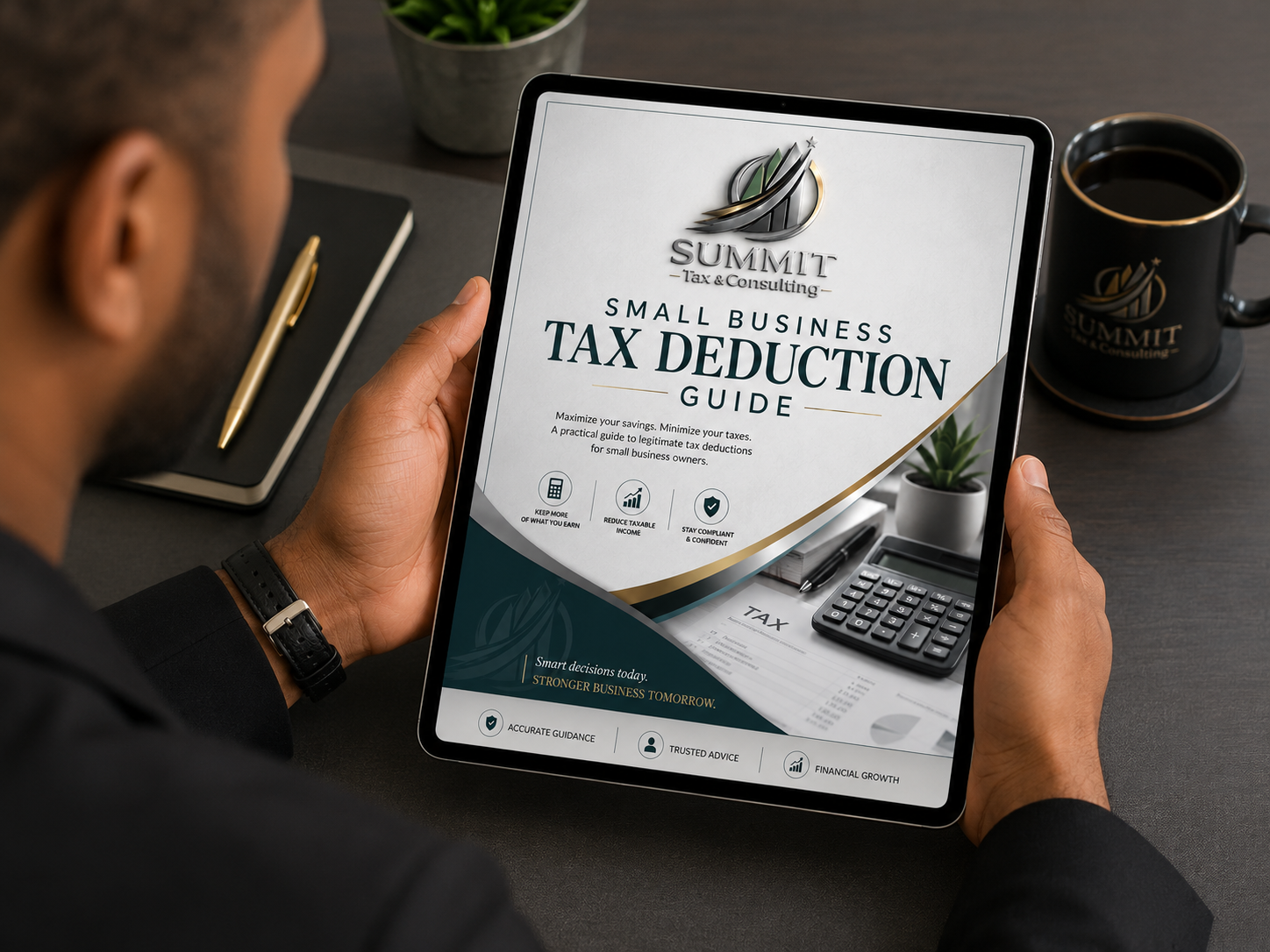 Man reading Summit Small Business Tax Deduction Guide on iPad
