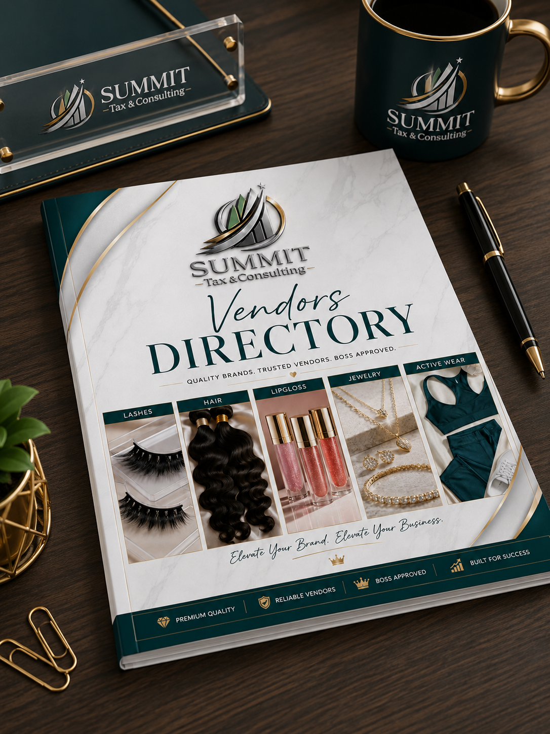 Summit Tax & Consulting Vendors Directory on a wooden surface with a mug and pen.